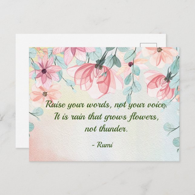 Postal La lluvia crece las flores Rumi cita (Anverso / Reverso)