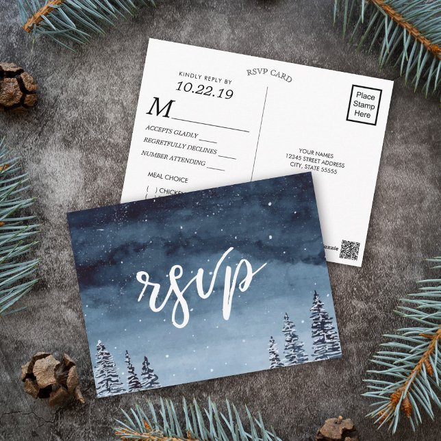 Postal La marina acuática de invierno | Elección de comid (Watercolor Winter wonderland rsvp meal postcard featuring a navy blue night background with snow.)