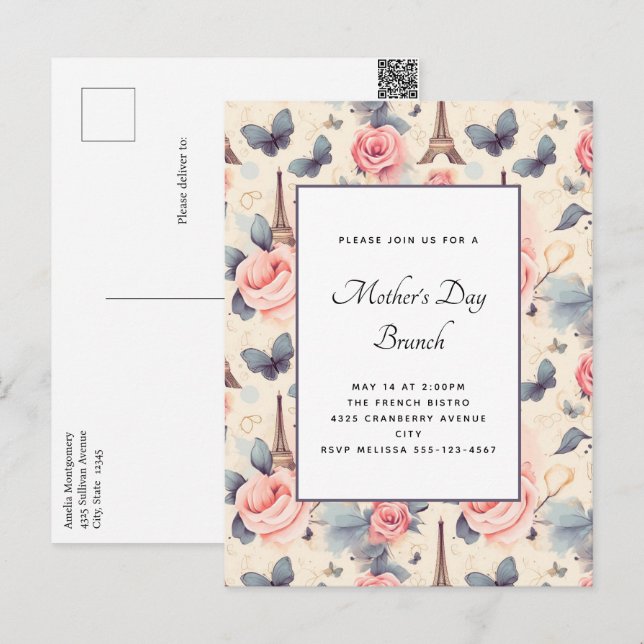 Postal La mariposa de la Torre Eiffel y los Rosas Día de  (Anverso / Reverso)