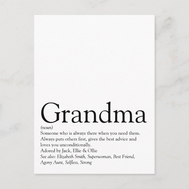 Postal La mejor abuela del mundo, la definición de abuela (Anverso)