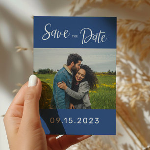 Postal La moderna boda de fotos azules salva la fecha