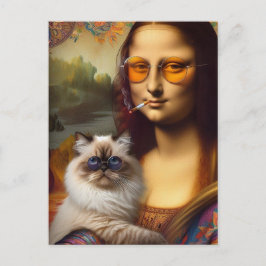 Postal La Mona Lisa Fumando y su gato himalayo