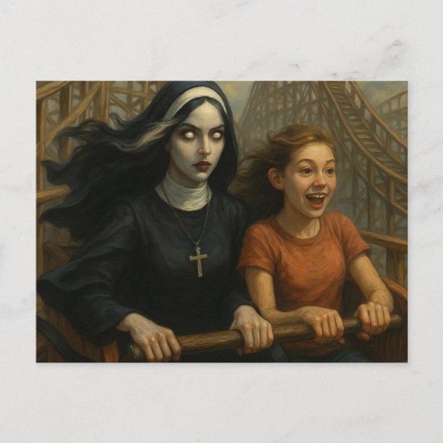 Postal La monja de montaña rusa y el niño asustan (Anverso)