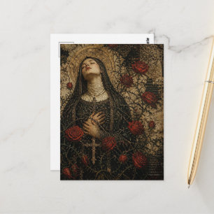 Postal La monja y las rosas rojas