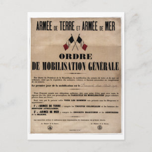 Postal La movilización en Francia el 1 de agosto de 1914