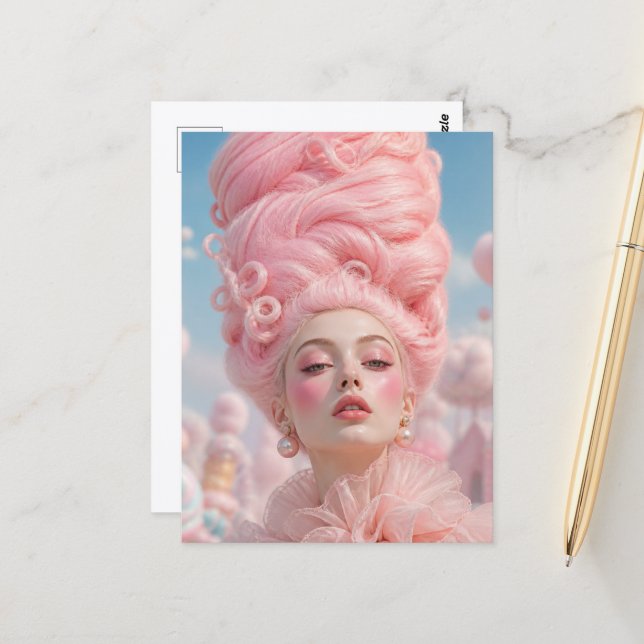 Postal La mujer con cabello de algodón de azúcar rosa (Anverso/Reverso In Situ)