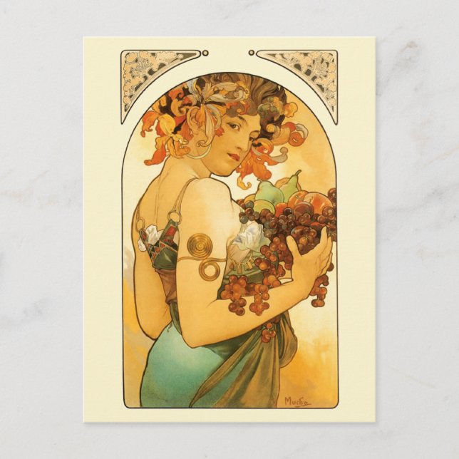 Postal La mujer con fruta de Mucha (Anverso)