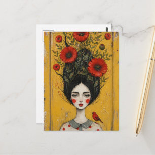 Postal La mujer de las amapolas Pintura de medios mixtos