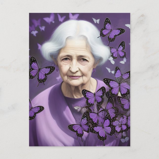 Postal La mujer mayor y las mariposas púrpura (Anverso)
