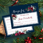 Postal La novia floral de la Marina Borgoña es una carta<br><div class="desc">Moda y novia elegante para ser postal de recetas con ramos de flores borgoñas y blancas de peonía con ramas de abetos de invierno de temporada,  bayas rojas y follaje en el fondo azul marino de medianoche. Ideal para el invierno / Navidades con decoración floral con ducha de novia.</div>