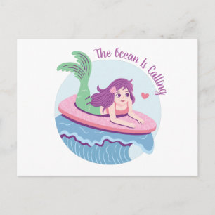 Postal La Oceano Está Llamando Sirena Surfista Divertida