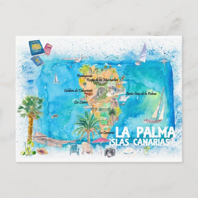 Postal La Palma Ilustró mapa de viajes con carreteras (Anverso)