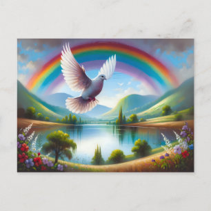 Postal La paloma volando bajo el arcoiris