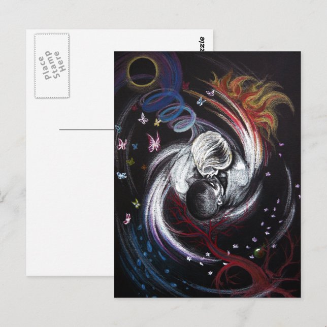 Postal La pareja de besos Yin Yang Love Surreal dibujo ar (Anverso / Reverso)