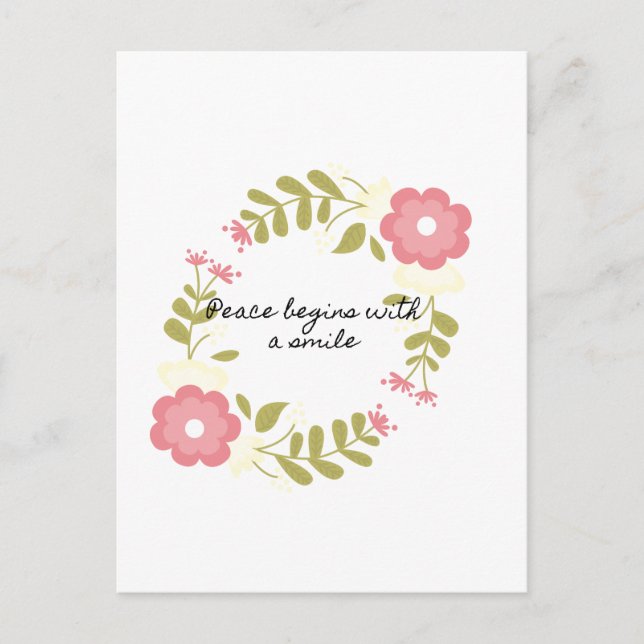 Postal La paz empieza con una sonrisa rosa y verde floral (Anverso)