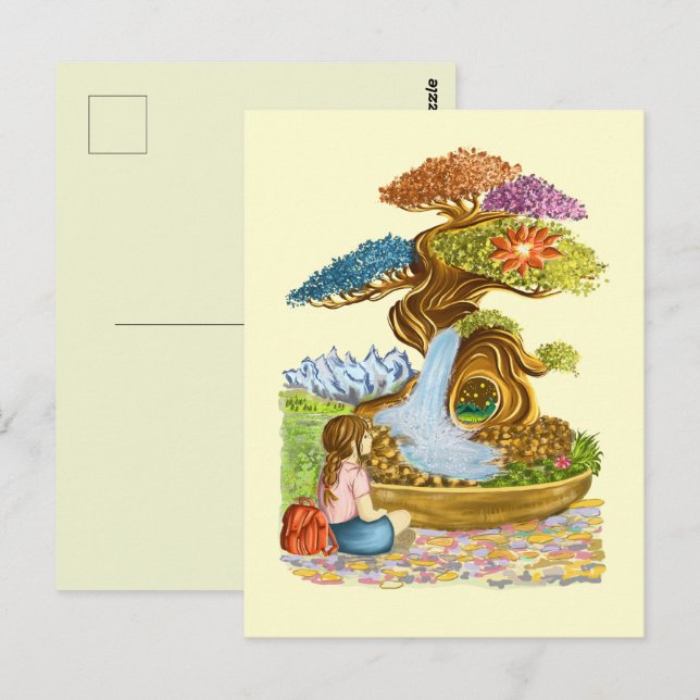 Postal La petite fille et son Bonzaï géant. (Anverso / Reverso)