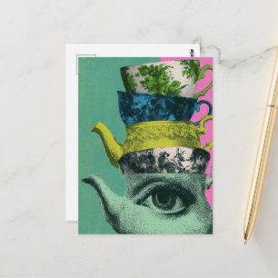 Postal La Pila de Tetera y Taza de Té Retro
