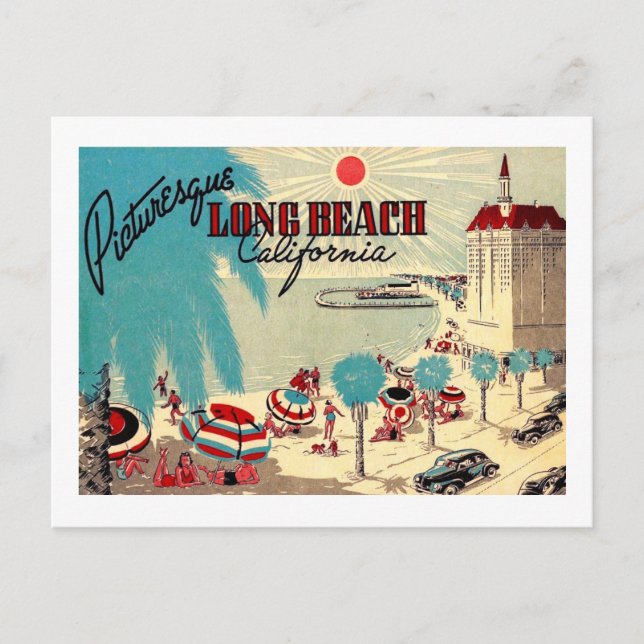 Postal La pintoresca playa de Long Beach, California Vint (Anverso)