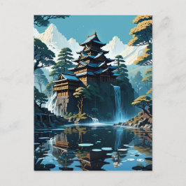 Postal La pintura de un monasterio japonés con árboles y