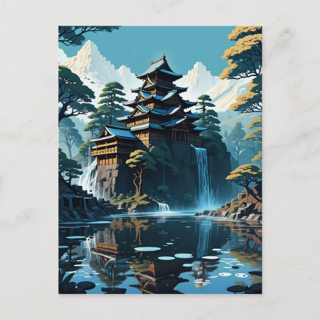Postal La pintura de un monasterio japonés con árboles y (Anverso)