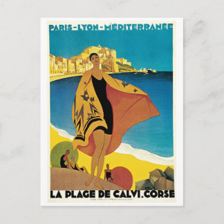 Postal La Plage de Calvi, poster de viajes vintage de Fra
