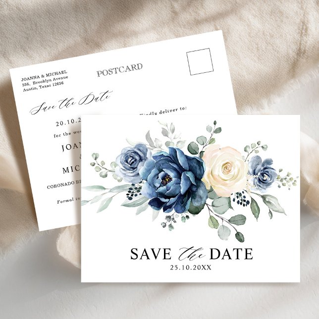 Postal La polvorienta marina azul Champagne marfil salva  (Dusty Blue Navy Champagne Ivory Save the Date Postcard)
