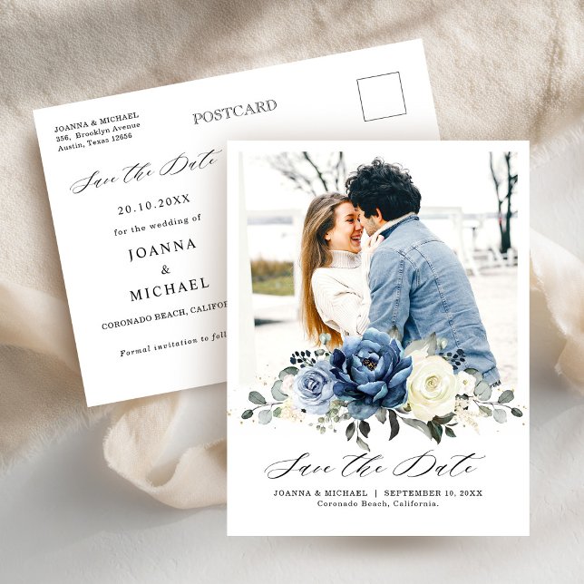 Postal La polvorienta marina azul Champagne marfil salva  (Dusty Blue Navy Champagne Ivory Save the Date Postcard)