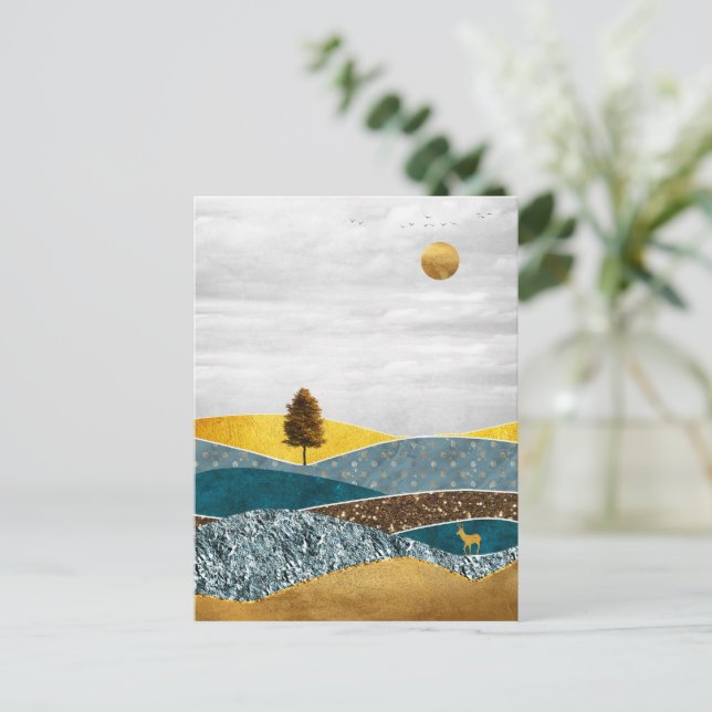 Postal La pradera dorada con árbol y ciervo (Anverso de pie)