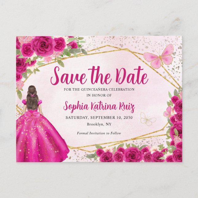 Postal La princesa rosa Floral Quinceañera salva la fecha (Anverso)