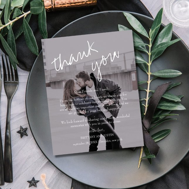 Postal La recepción Brittany Black Photo Wedding Gracias (Simple, modern and elegant wedding reception thank you card with photo and trendy script font)