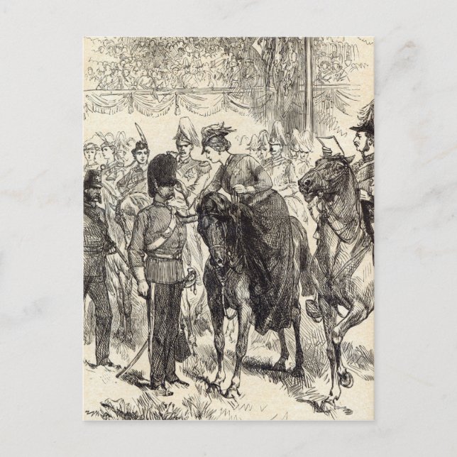 Postal La Reina distribuyendo las cruces Victoria (Anverso)