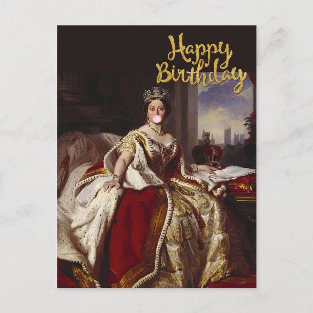 POSTAL LA REINA VICTORIA SOPLANDO UN CHICLE ROSA  (Anverso)