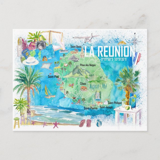 Postal La Reunión Ilustró Mapa de Viajes de Isla (Anverso)