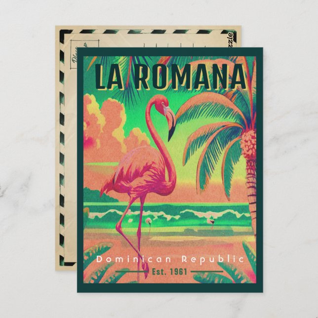 Postal La Romana Beach DR Retro Flamingos Souvenir de los (Anverso / Reverso)