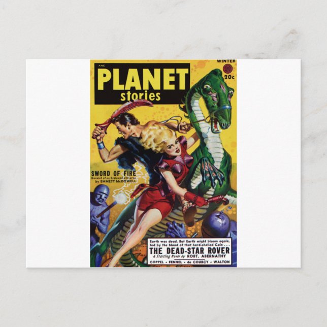 Postal La rubia heroica monta un dinosaurio (Anverso)