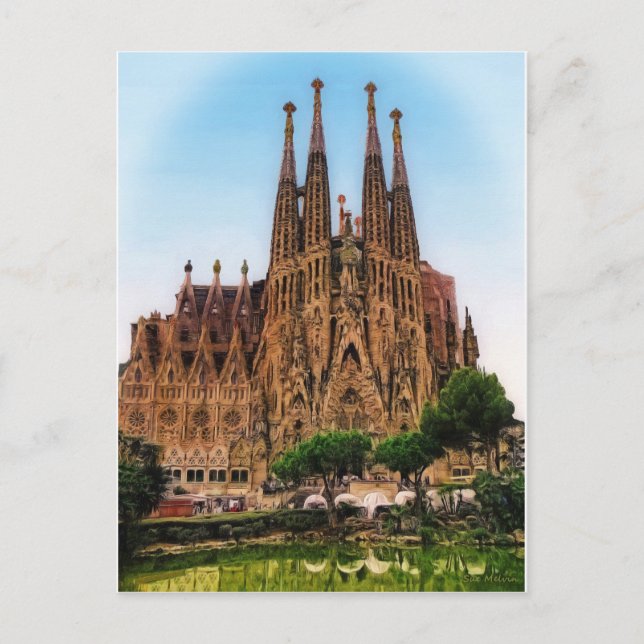 Postal La Sagrada Familia, Barcelona (España) (Pintada) (Anverso)