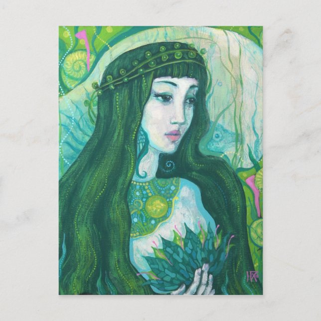 Postal La sirena del cabello verde bajo el agua Fantasía  (Anverso)