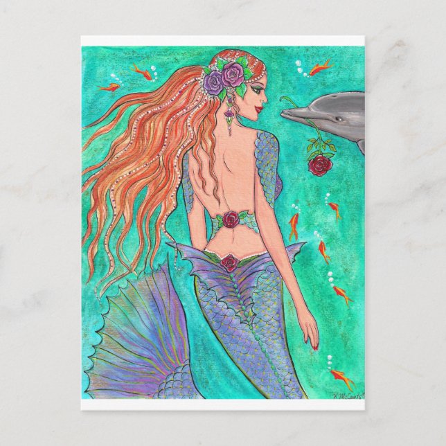 Postal ¡La sirena Rosa "El regalo" Dolphin Fantasy Art! (Anverso)