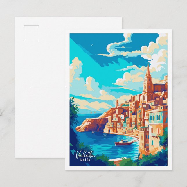 Postal La Valeta Malta Ilustracion de Viajes de Arte Vint (Anverso / Reverso)