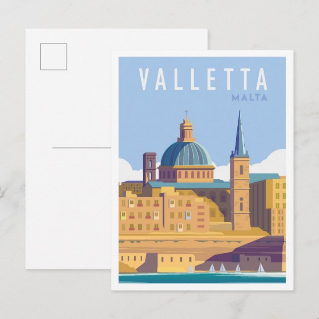 Postal La Valeta Malta Ilustracion de Viajes de Arte Vint (Anverso / Reverso)