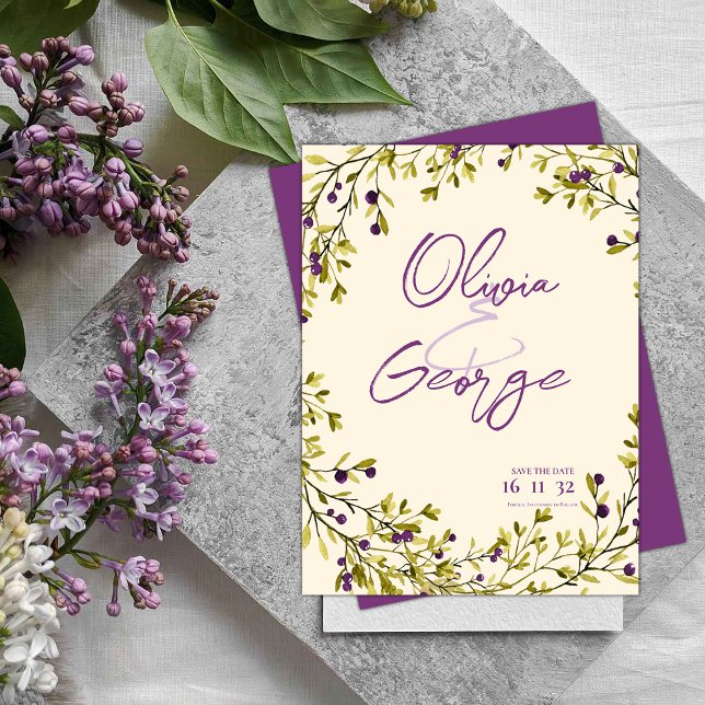 Postal La vegetación morada de los cerezos deja la boda s (Purple Berry Greenery Leaves Wedding Save the Date Postcard)