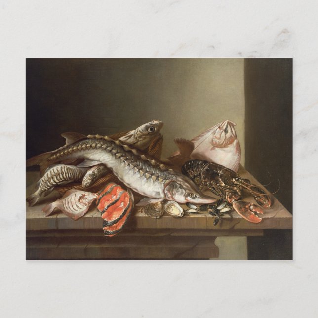 Postal La vida de los peces en una mesa (Anverso)