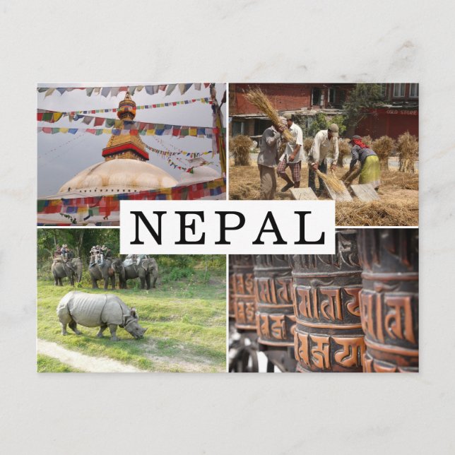 Postal La vida en Nepal: collage de fotos turísticas (Anverso)