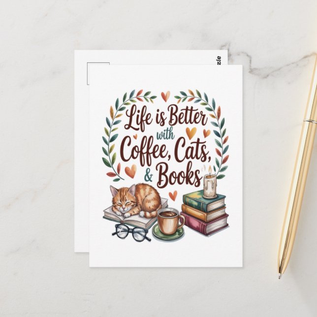 Postal La vida es mejor con café gatos libros (Anverso/Reverso In Situ)
