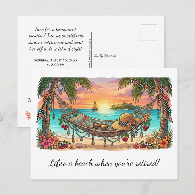 Postal ¡La vida es una playa Fiesta de Jubilación |  (Anverso / Reverso)