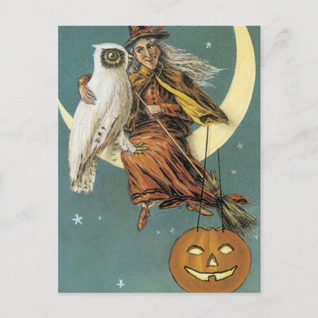 Postal La vieja bruja de Halloween y la luna (Anverso)