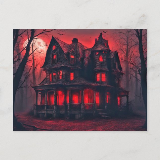 Postal La vieja mansión de Creepe Feliz Halloween (Anverso)