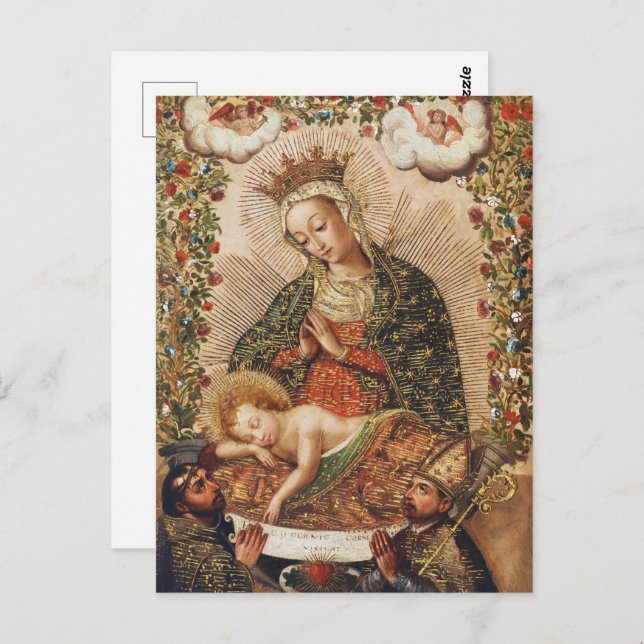 Postal La Virgen Adorando al Niño Jesús en los Navidades (Anverso / Reverso)