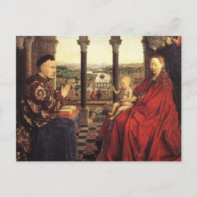 Postal La Virgen de la Canciller Rolin, de Jan van Eyck (Anverso)