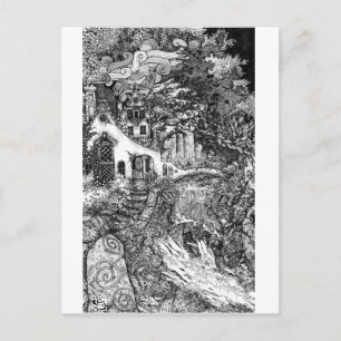 Postal La vivienda; ilustracion de pluma y tinta
